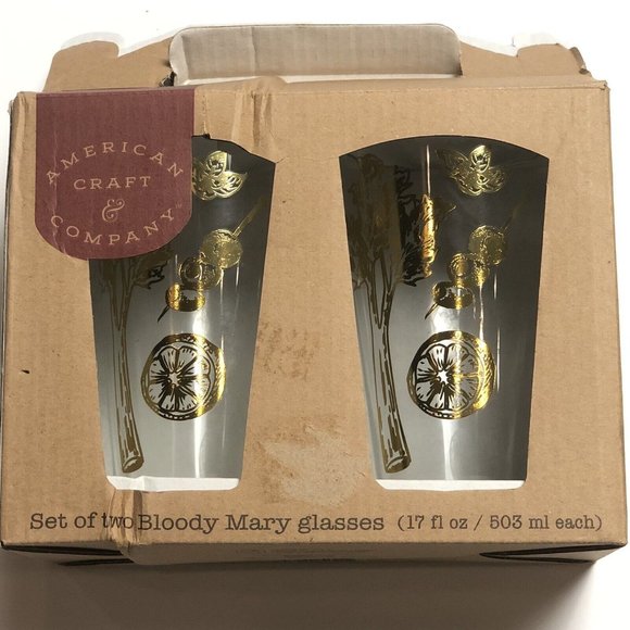 Bloody Mary Tumbler Glasses 17oz Gold Print Celery Olives By American Craft Co - Picture 2 of 6